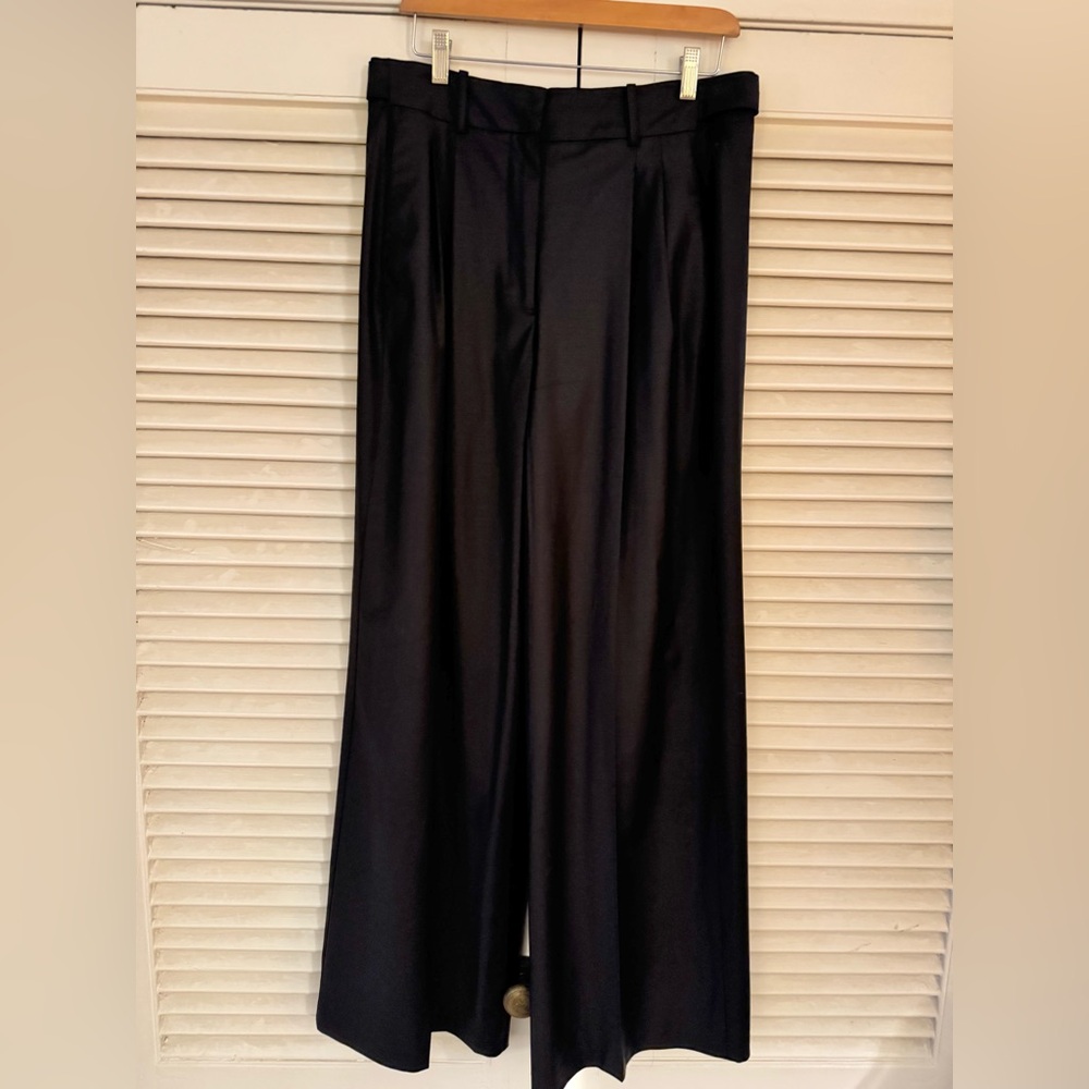 MINT COND ZARA WIDE LEG PLEATED BLACK TROUSERS SIZE LARGE WITH ADJUSTABLE WAIST - Picture 2 of 9